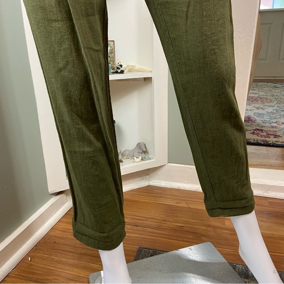 Forever 21 army green Linen blend Tie-Waist Cropped Pants tapered paper bag S - Picture 3 of 12